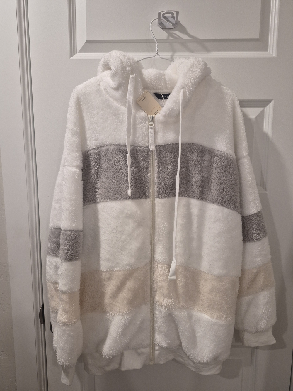 Dokotoo Women Cozy Striped Plush Hooded Jacket - White, Gray & Cream